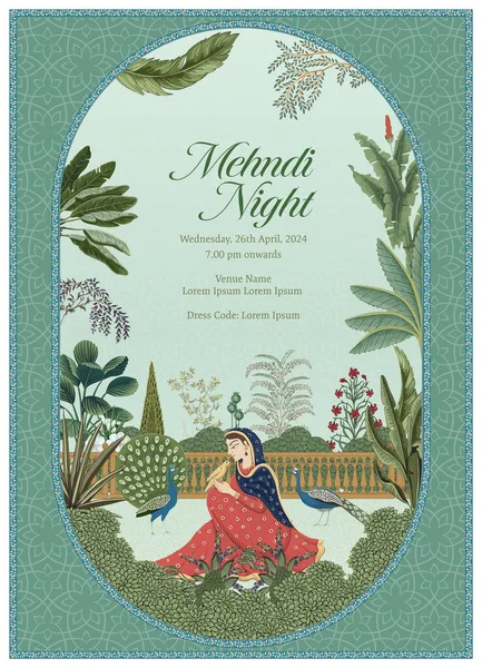 Traditional Indian Mughal Wedding Card Design Invitation Card Mehedi Night — Stock Vector