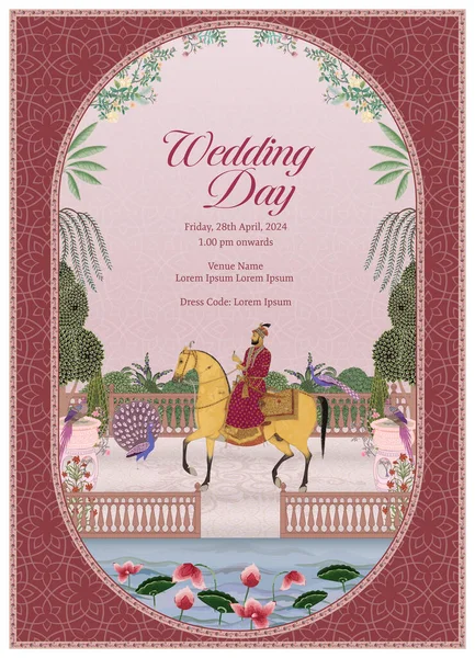 Tradycyjne Indyjskie Mughal Wedding Card Design Zaproszenie Wedding Day Drukowania — Wektor stockowy