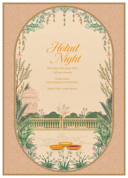 stock vector Traditional Indian Mughal Wedding Holud Night Invitation Card Design Vector Illustration.