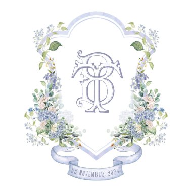 Boyanmış düğün monogramı tüberküloz, B.T ilk suluboya çiçek arması. Mavi çiçekli suluboya arması ve el yapımı vektör şablonu.