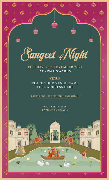 Traditional Indian Mughal-style sangeet night invitation card design for printing.