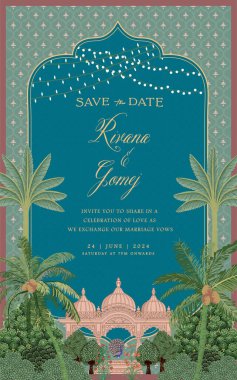 Mughal invitation card design with Mughal temple, peacock, tropical trees, and flowers vector illustration. clipart