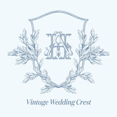 Wedding crest with AH initial vintage monogram. Antique text logo with bee vector illustration. clipart