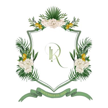 DK 'nin düğün armasını boyamış. Beyaz şakayıklı suluboya Crest, Palmettos, limon ve beyaz arka planda zeytin yaprakları. Düğün Tepesi Tasarımı.