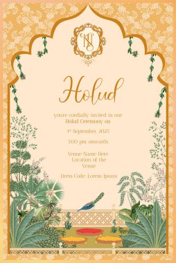  Haldi Night Düğün Davetiyesi. Geleneksel Hint Mughal Düğün Holud Gece Davetiye Kartı Tasarımı Tropikal Ağaç, Pichwai Sanat Sarı Arkaplan, Crest Vector Illustration ile NT Monogram