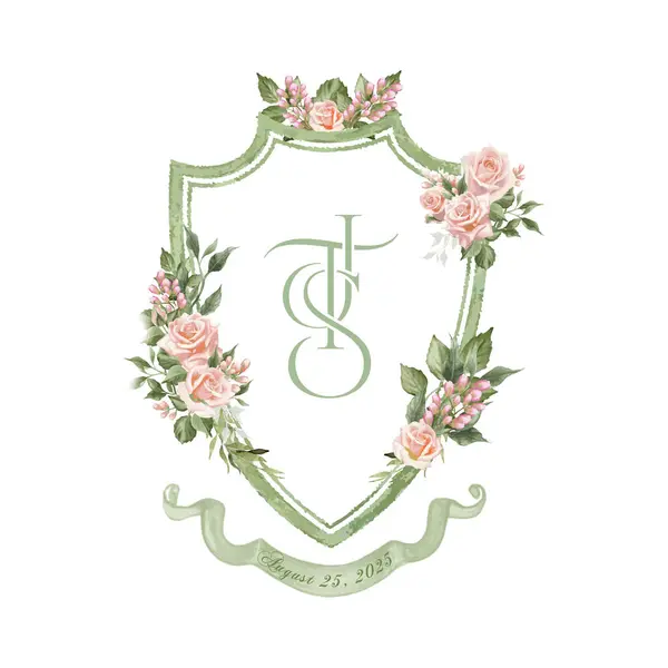 stock vector Painted hand-drawn watercolor wedding crest with floral decorations and a three initial monogram JTS for special events or personal insignia.