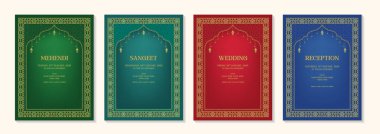 Mehendi, Sangeet, Wedding ve Resepsiyon için dört adet İslami temalı düğün davetiyesi seti, her biri altın desenli kenarlar ve belirgin yeşil, deniz mavisi, kırmızı ve mavi arkaplanlı..