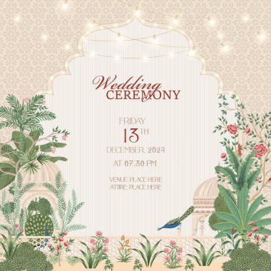 Indian Mughal wedding ceremony invitation card floral elements, decorative arches, peacocks and a soft, elegant color palette with placeholders for event details clipart