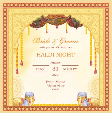 Babür kemerli Hint Haldi gece davetiyesi. Dekoratif şemsiyeli ve davullu Holud davetiyesi.