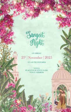 Baghal Sangeet Gece Davetiyesi Bougainvillea Çiçek ve Tropikal Ağaç ve Kemer.