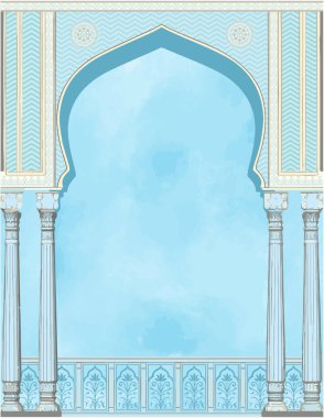 Mughal mimari çerçeve büyük kemerli bir açıklık sütunlar, çiçekli ve geometrik desenler mavinin yatıştırıcı tonlarında.