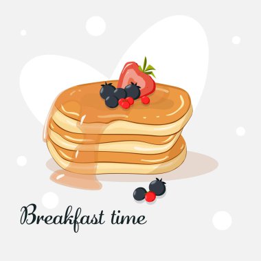 Pancakes vector. Baking with honey and berries on a plate. Breakfast time, concept, stock field