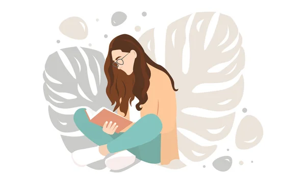 Vector Illustration Woman Reading Book Flat Drawing Character Knowledge Relaxation — Stock Vector