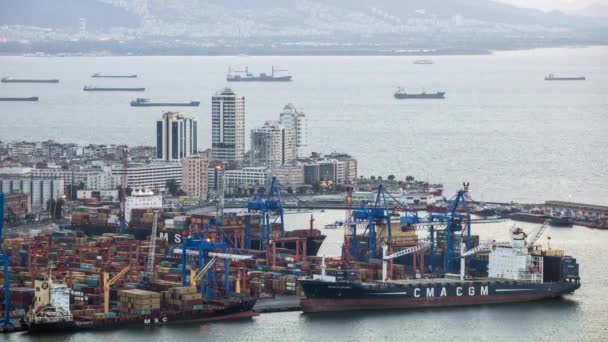 Timelapse Top View International Port Crane Loading Containers Import Export — Vídeos de Stock