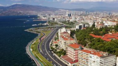 general view of izmir city with sea view and drone. High quality 4k footage