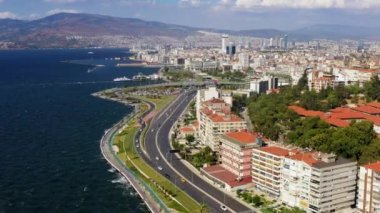 general view of izmir city with sea view and drone. High quality 4k footage