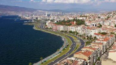 general view of izmir city with sea view and drone. High quality 4k footage
