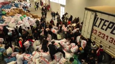 People bringing and collecting relief supplies after the great earthquake in Turkey : 06.02.2023. High quality FullHD footage