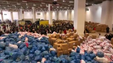 People bringing and collecting relief supplies after the great earthquake in Turkey : 06.02.2023. High quality FullHD footage