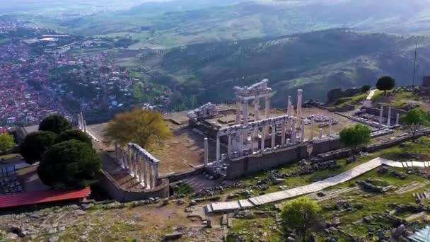 Aerial View Bergama Pergamon Ancient City Acropolis Ancient Theater High — Stock Video
