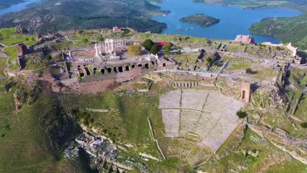 Flygfoto Över Bergama Pergamon Antika Staden Akropol Och Antika Teater — Stockvideo