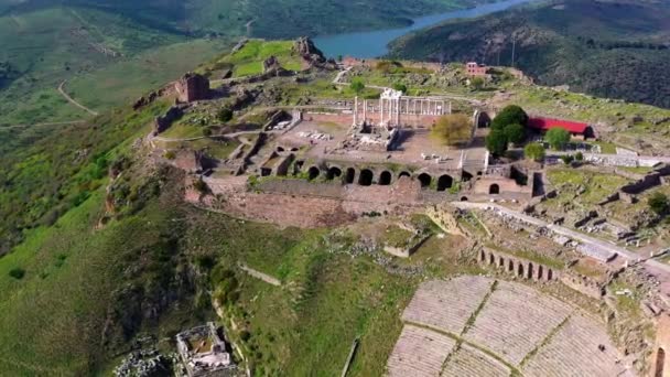 Luftaufnahme Der Bergama Pergamon Antiken Stadt Akropolis Und Antiken Theater — Stockvideo