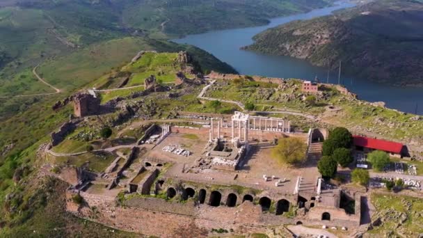 Luftaufnahme Der Bergama Pergamon Antiken Stadt Akropolis Und Antiken Theater — Stockvideo