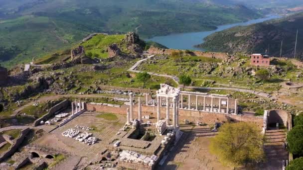 Vista Aérea Bergama Pergamon Ciudad Antigua Acrópolis Teatro Antiguo Imágenes — Vídeos de Stock