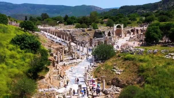 Aerial Drone Shot Ancient City Ephesus Library Celsus Ancient Roman — Vídeo de stock