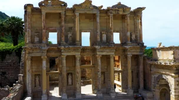 Aerial Drone Shot Ancient City Ephesus Library Celsus Ancient Roman — Stock Video