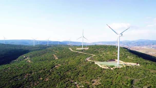 風車が森の中で発電し 海の景色が見えます 高品質4K映像 — ストック動画