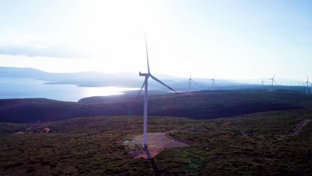 Mori Vânt Generatoare Energie Electrică Zona Forestieră Însoțită Vedere Mare — Videoclip de stoc
