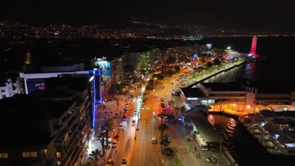 Luftaufnahme Von Izmirin Nacht Erstaunliche Aussicht Hochwertiges Filmmaterial — Stockvideo