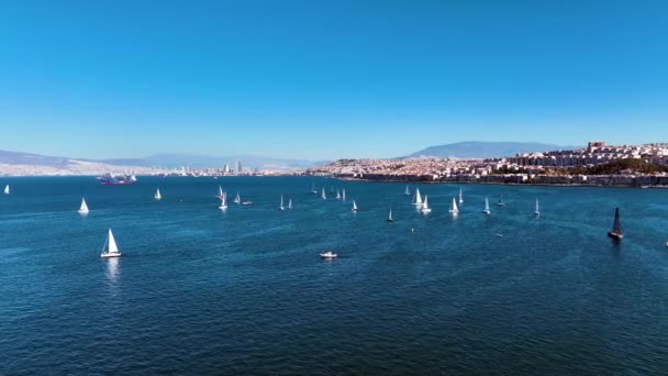 Aerial View Sailboats Cruising Blue Waters Aegean Sea Izmir Bay — Stock Video
