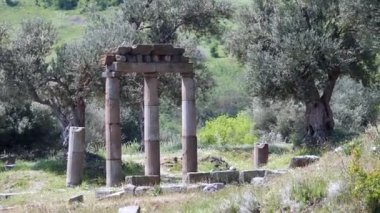 Antik Asklepion şehrindeki tarihi nesnelerin detaylı görüntüsü. Yüksek kalite 4k görüntü
