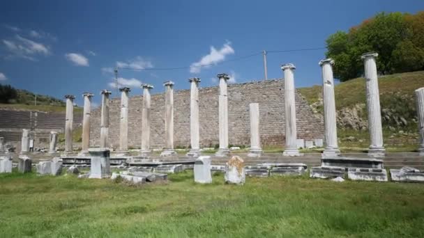 Detailansicht Historischer Objekte Der Antiken Stadt Asklepion Hochwertiges Filmmaterial — Stockvideo
