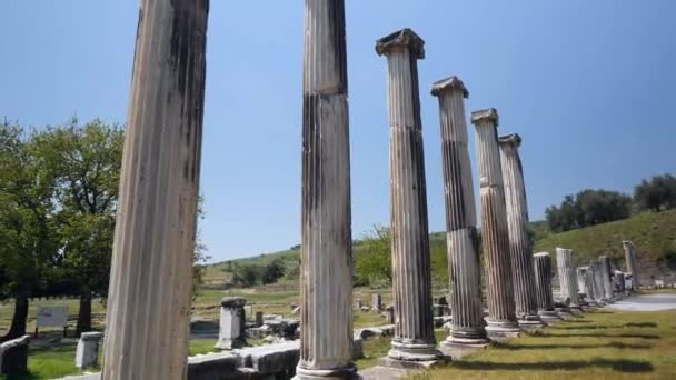 Λεπτομέρεια Άποψη Των Ιστορικών Αντικειμένων Στην Αρχαία Πόλη Του Ασκληπιού — Αρχείο Βίντεο