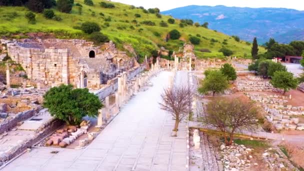 Luchtfoto Van Oude Stad Efeze Bibliotheek Van Celsus Het Oude — Stockvideo