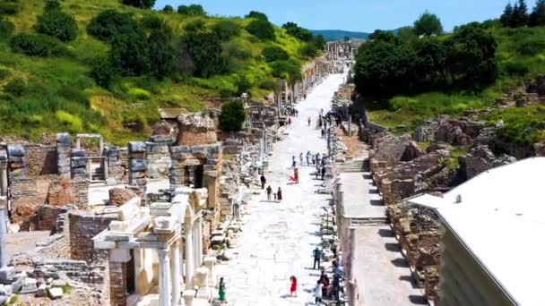Ephesus Ősi Városáról Celsus Könyvtáráról Ókori Római Színházról Készült Légi — Stock videók