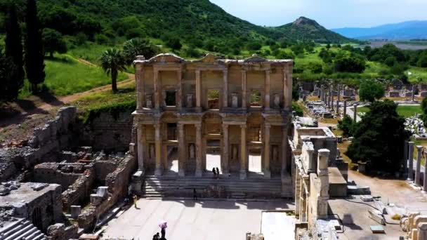 Flygdrönare Skott Den Antika Staden Efesus Biblioteket Celsus Och Den — Stockvideo