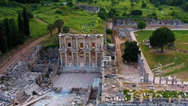 Zdjęcia Lotnicze Drona Starożytnego Miasta Efez Biblioteki Celsusa Starożytnego Rzymskiego — Wideo stockowe