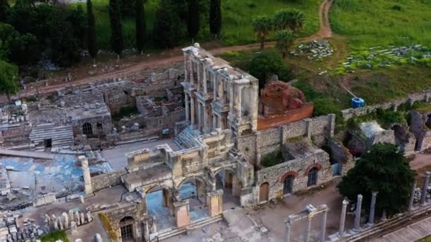 Zdjęcia Lotnicze Drona Starożytnego Miasta Efez Biblioteki Celsusa Starożytnego Rzymskiego — Wideo stockowe