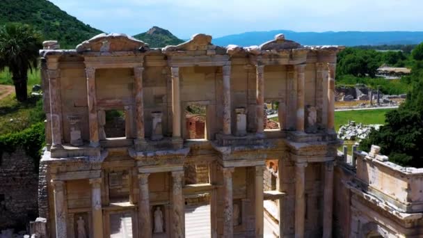 Flygdrönare Skott Den Antika Staden Efesus Biblioteket Celsus Och Den — Stockvideo