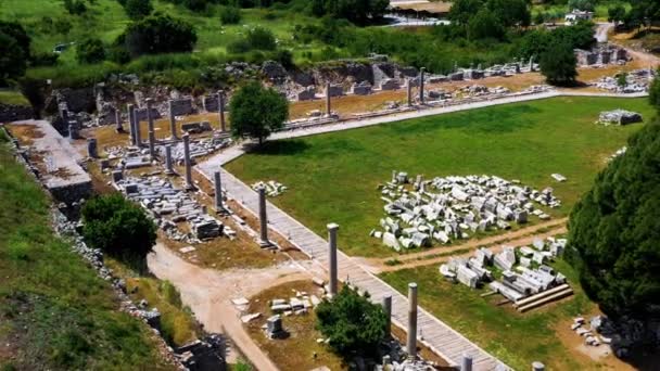 Aereo Drone Della Città Antica Efeso Biblioteca Celso Antico Teatro — Video Stock