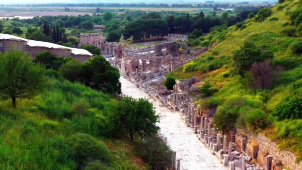 Letecké Záběry Starobylého Města Efezu Historického Divadla Knihovny Celsu Vysoce — Stock video