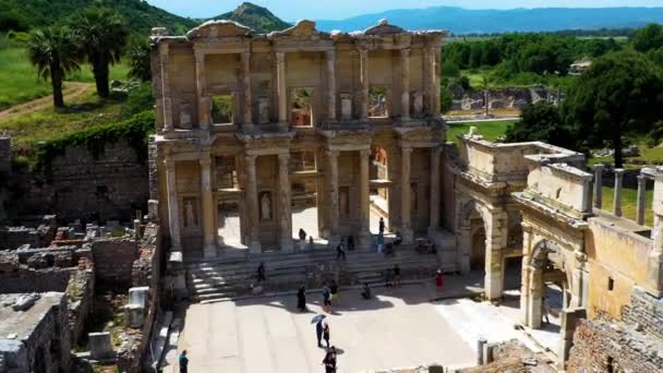 Zdjęcia Lotnicze Efezu Starożytnego Miasta Teatru Historycznego Biblioteki Celsusu Wysokiej — Wideo stockowe