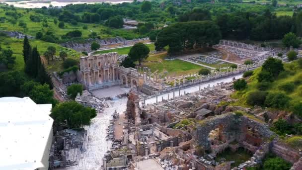 Εναέρια Πλάνα Της Αρχαίας Πόλης Ephesus Ιστορικό Θέατρο Και Βιβλιοθήκη — Αρχείο Βίντεο