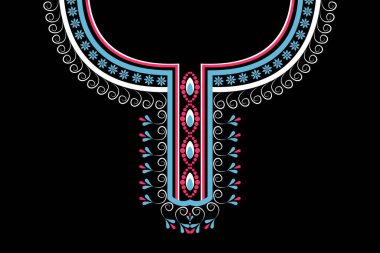 Siyah arka planda geleneksel etnik yakalı dantel doğuya özgü desen. Aztek stili nakış, soyut vektör çizimi. Moda dokusu, kumaş, gömlek, kumaş tasarımları