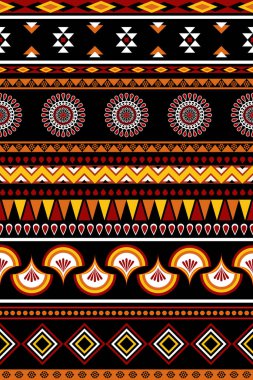 kabile düzeni. Renkli kabile desenli tasarım. Siyah arka planda kabile etnik geometrik desen. arkaplan, duvar kağıdı, kumaş, kıyafet, ambalaj, nakış, halı, dekor, tekstil için tasarım