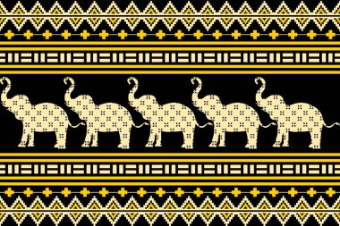 Fil Tayland deseni. Siyah arka planda fil Tayland deseni. Fil Tayland deseni kumaş tasarımında giysi, tekstil, ambalaj, pantolon, arka plan, duvar kağıdı, halı, gömlek için kullanılabilir.